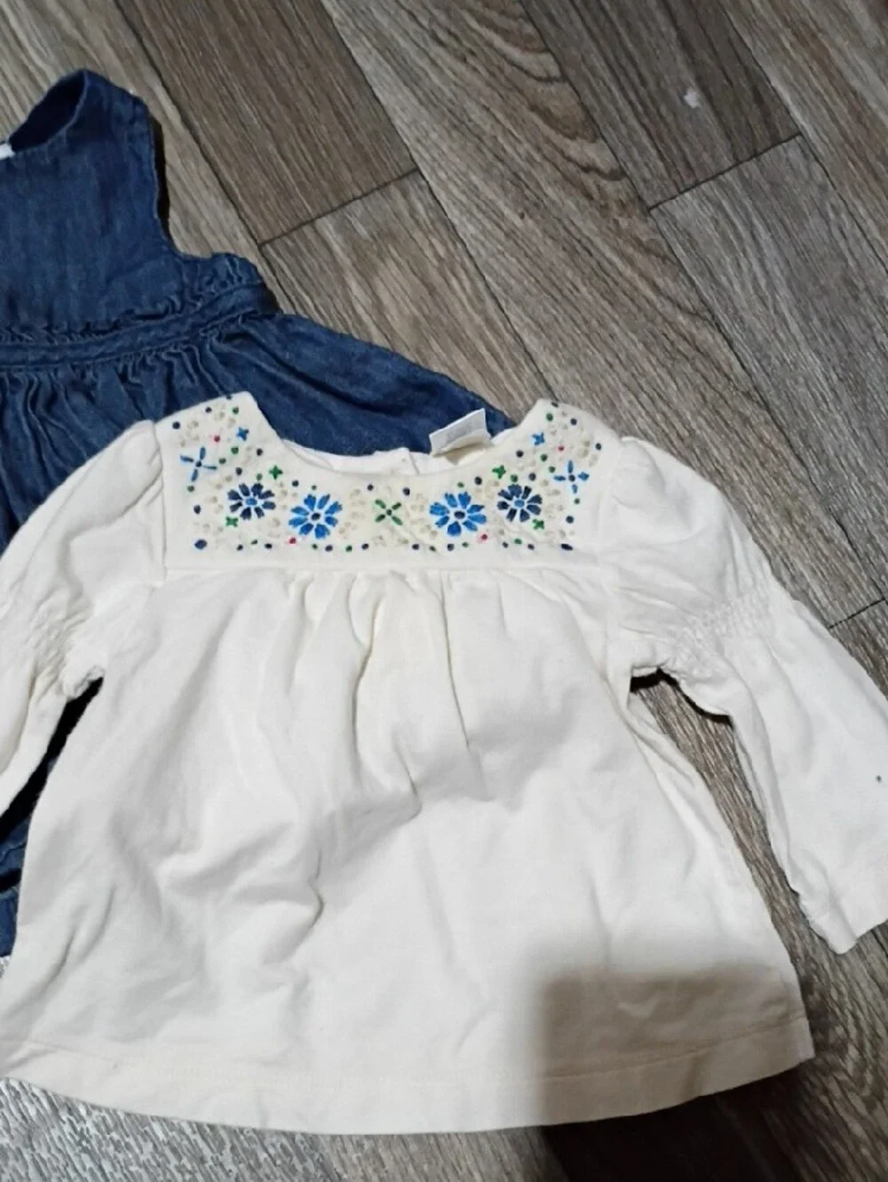 Girls Blue Denim Dress and White Embroidered Top Set - New